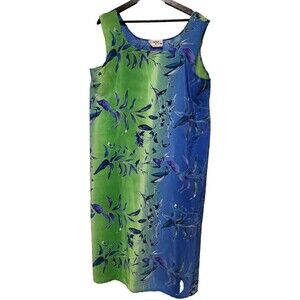 Vintage Looking Good Sleeveless Blue Green Floral Maxi Dress Size 2X Tie Belt